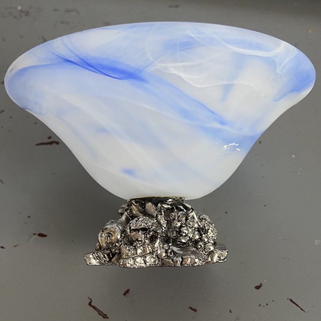 Beautiful sky blue ornate silver pedestal bowl made in Murano Italy vintage collectible decorative candy dish*