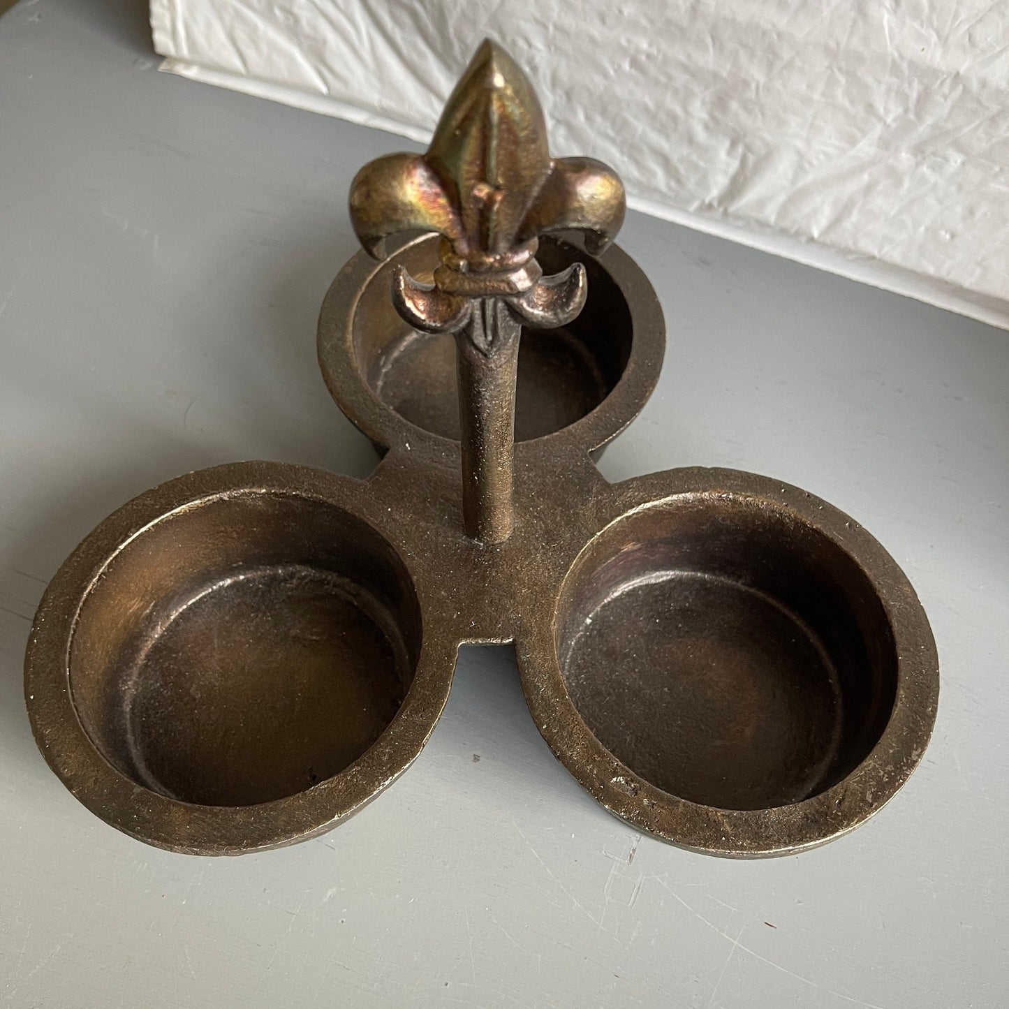 Fleur De Lis Handle Cast Metal Triple Bowl Relish Server Rustic French Country Cottagecore Decor
