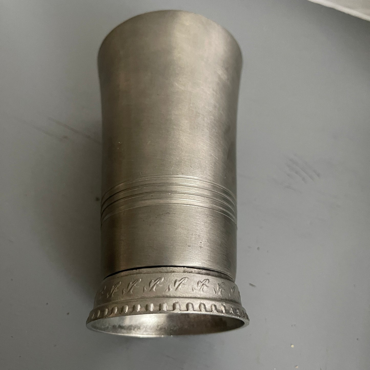 Pewter Rein Zinn, choice of stripe and floral pattern vintage tavern ware cups, collectible cottagecore, See Variations*