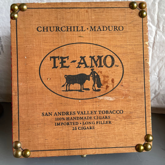 Wooden Cigar Box, TE-AMO, Divided with Mirror Inside, Vintage Tobacciana Collectible Jewelry Box, 8.25 by 7.5 by 2.5 Inches