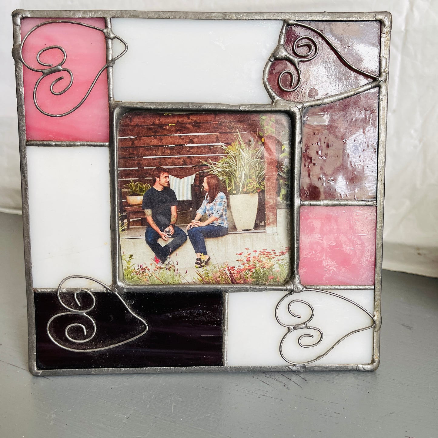 Stained Glass, Frame, Red, White, and Pink, 4 Hearts in 5.75 Inch Square Leaded Glass Vintage Frame, 3 by 3 Inch Picture Area