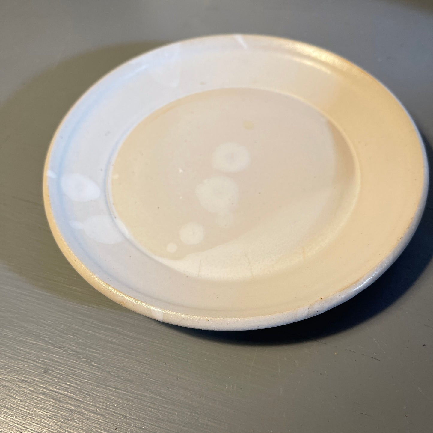 Stone-wear, glazed in imperfect white coating, trinket or candle plate, vintage cottagecore decor