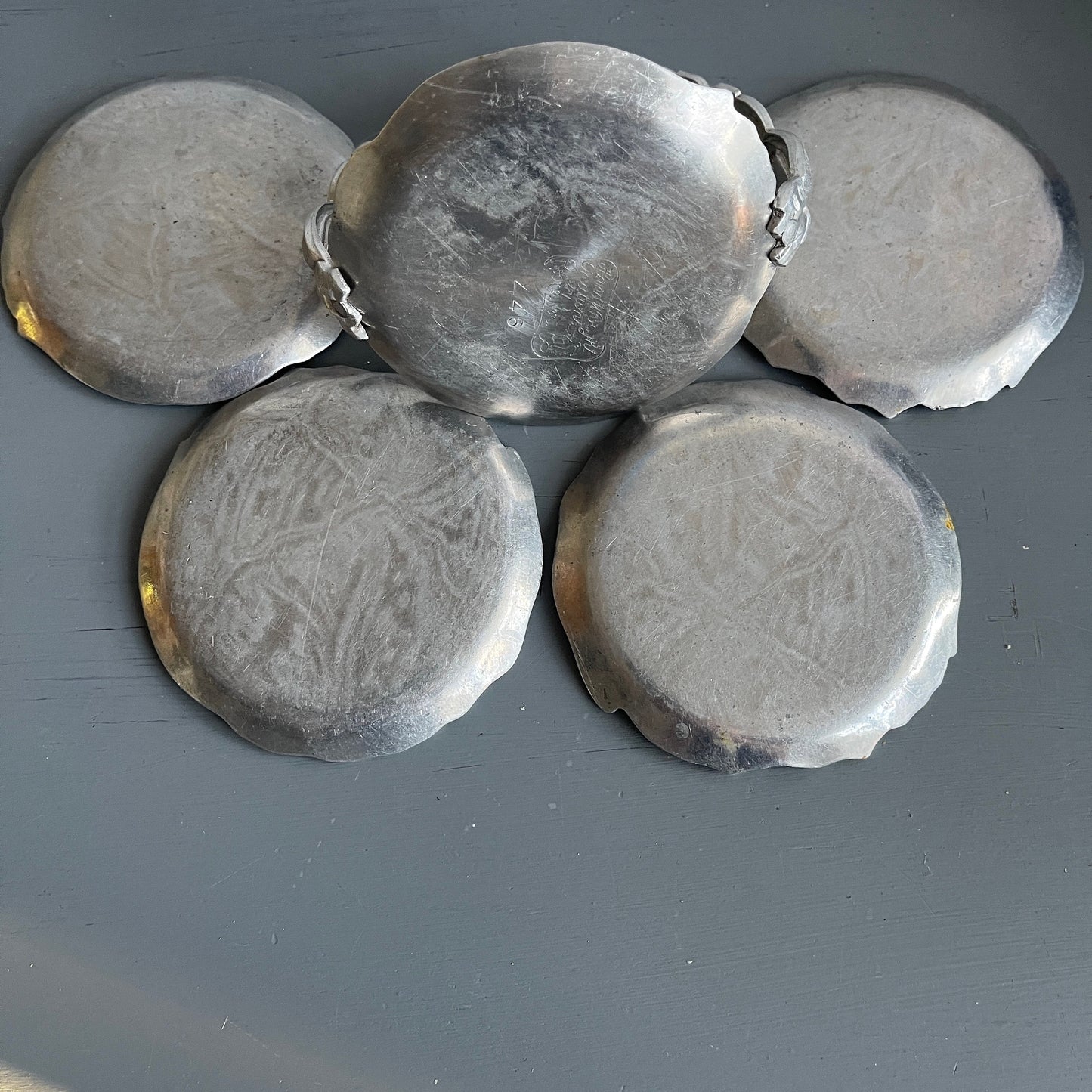 Tropical Floral Metal Coaster Set of 4 Coasters and Holder with Handel Vintage Collectible Barware