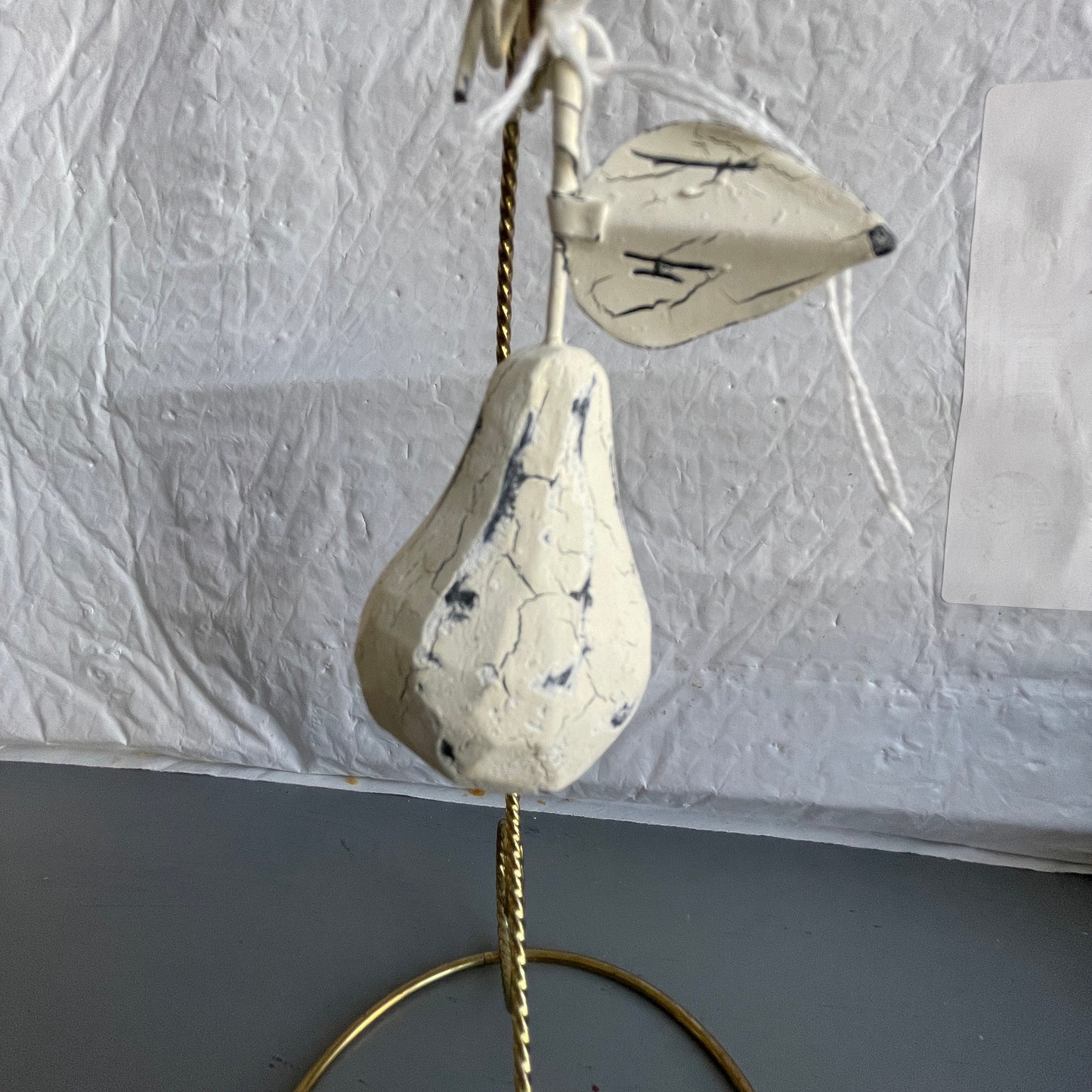 Pears with Leaves Pair of White Wood & Metal Christmas Tree Ornaments