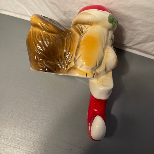 HOL Very Cute Puppy in a Santa Cap Holding His Christmas Stocking Vintage 1985 Collectible Ceramic Mantel Stocking Hook