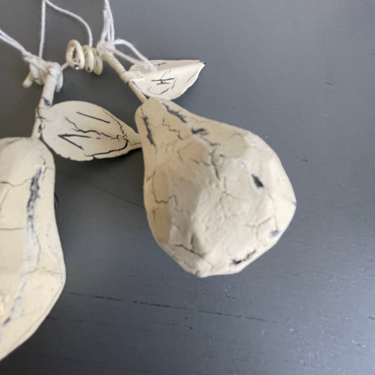 Pears with Leaves Pair of White Wood & Metal Christmas Tree Ornaments