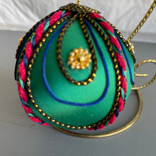 Ornate Green with Red and Gold Ribbon and Bead Christmas Tree Ornament