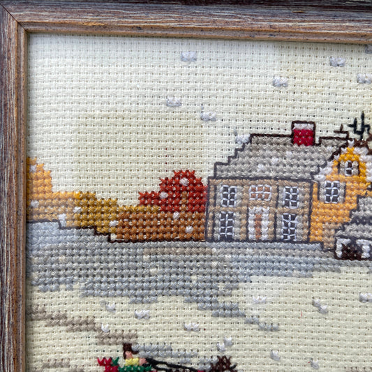 Save the Stitches, Professionally Framed, Vintage, Winter Scene Counted Cross Stitch Finished Project