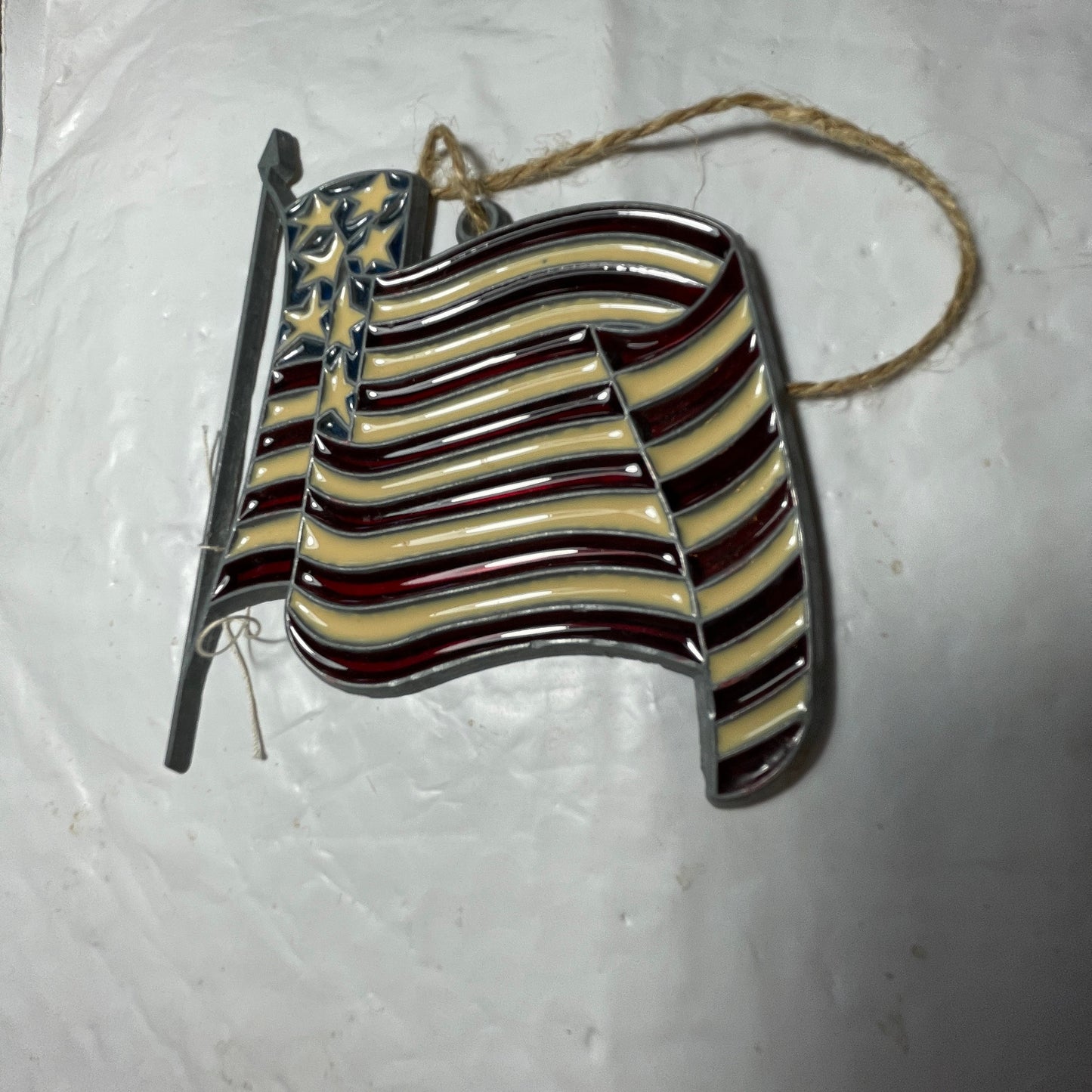 Stained Glass American Flag Waving On Metal Pole Vintage Decorative Collectible Ornament
