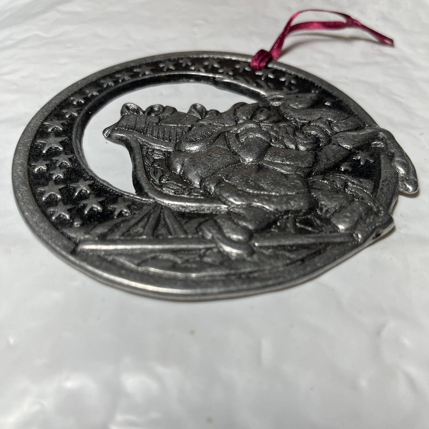 Pewter Santa Taking A Reindeer To His Sleigh 4 Inch Round Christmas Tree Ornament