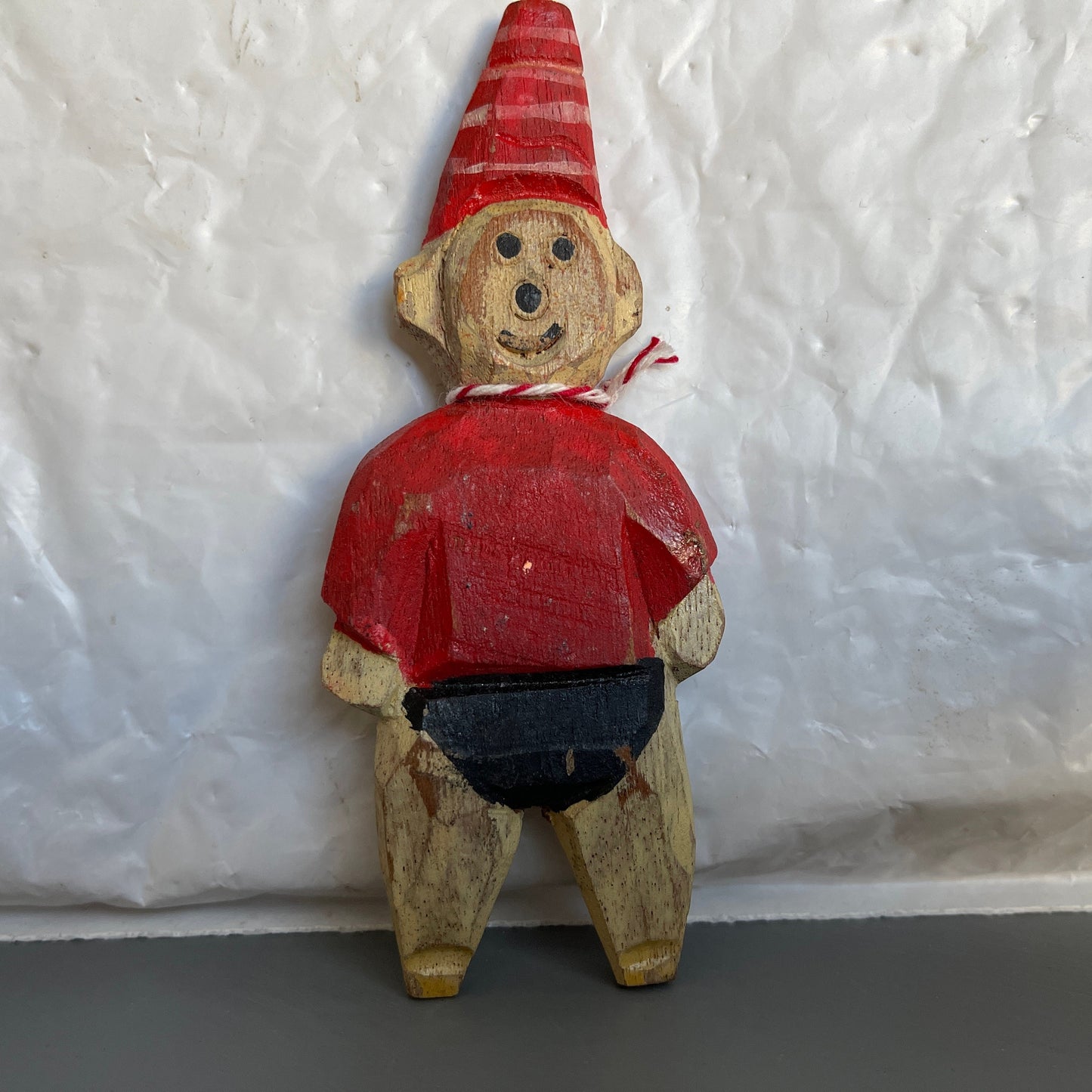 Elf In A Striped Cone Hat Carved Wooden Christmas Ornament