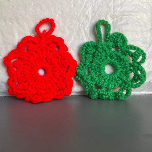 Snowflakes Pair Red and Green Hand Knitted Vintage Christmas Ornament