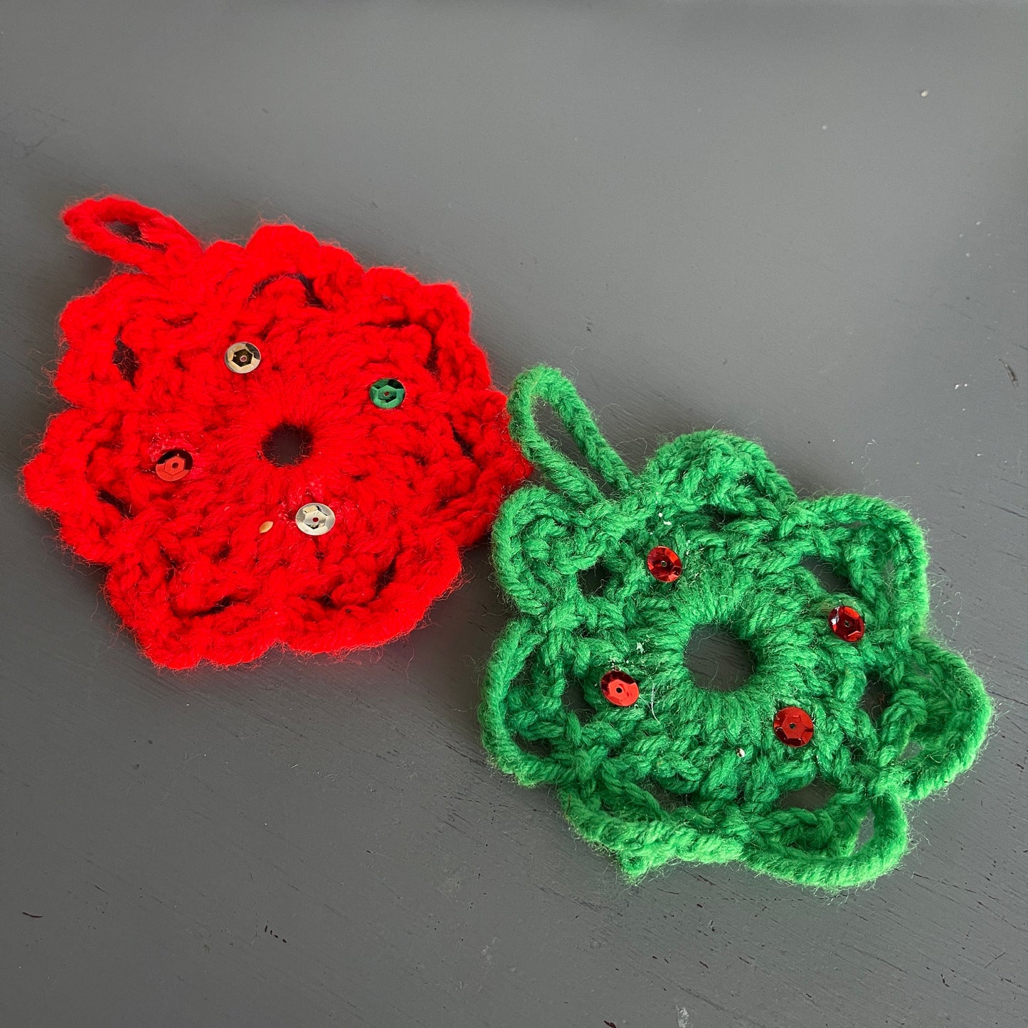 Snowflakes Pair Red and Green Hand Knitted Vintage Christmas Ornament