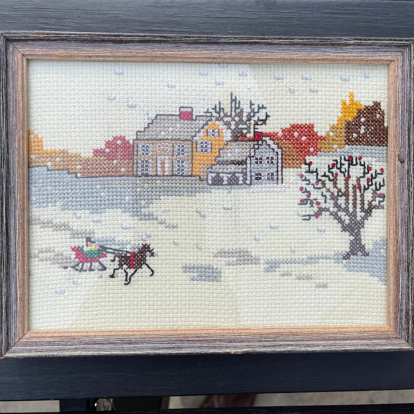 Save the Stitches, Professionally Framed, Vintage, Winter Scene Counted Cross Stitch Finished Project