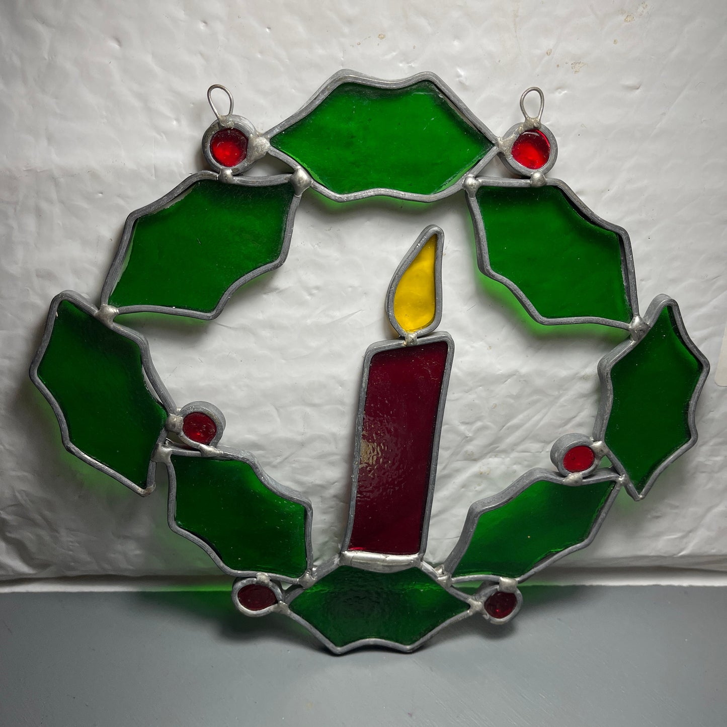 Stained Glass Candle & Holly Wreath Large 7.25 Inch Vintage Window/Wall Christmas Decoration