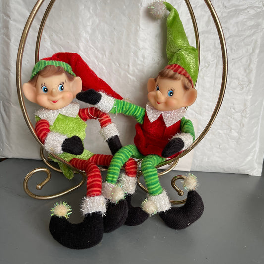 Cute Pair Of Santas Elves Vintage Christmas Collectible Shelf Sitter Decorations