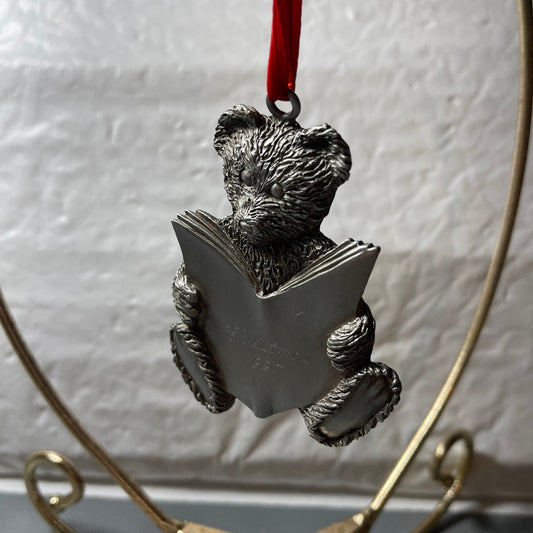 Pewter Teddy Bear Reading A Book Engraved Christmas 1997 Ornament