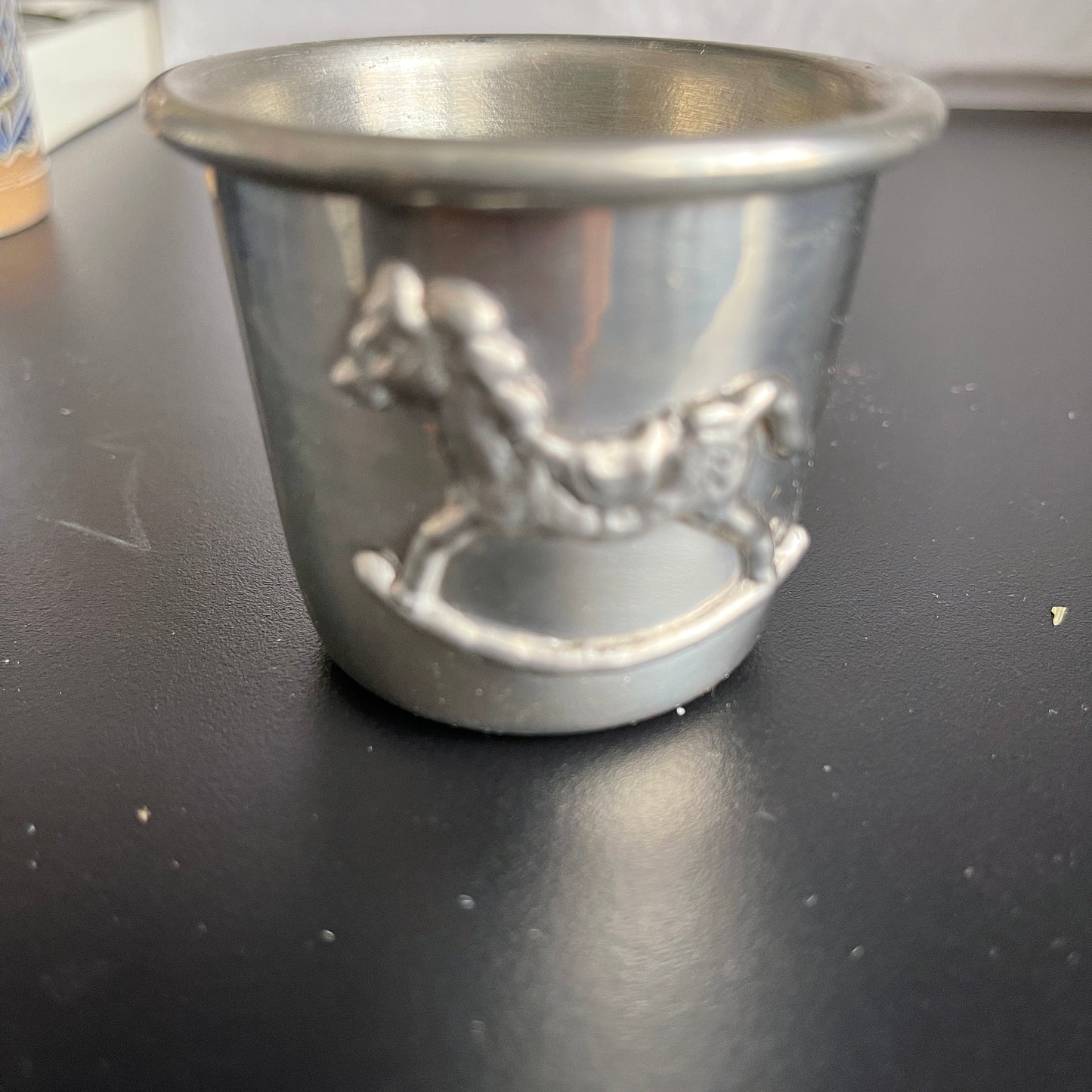 Pewter Handcrafted Baby Cup with Rocking Horse Emblem Vintage Collectible Serving Ware