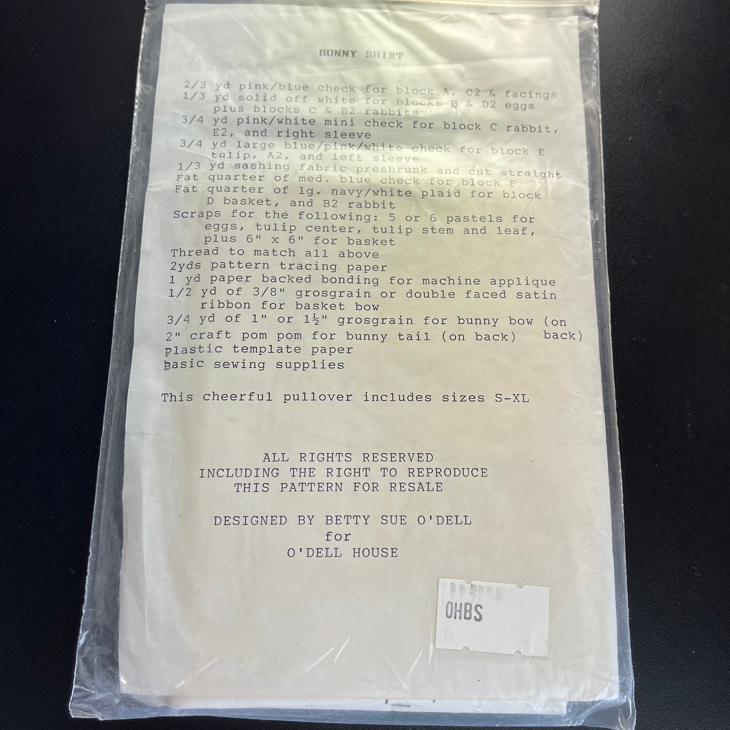 O'Dell House Bunny Pullover Shirt Pattern Includes Size S-XL by Sue O'Dell