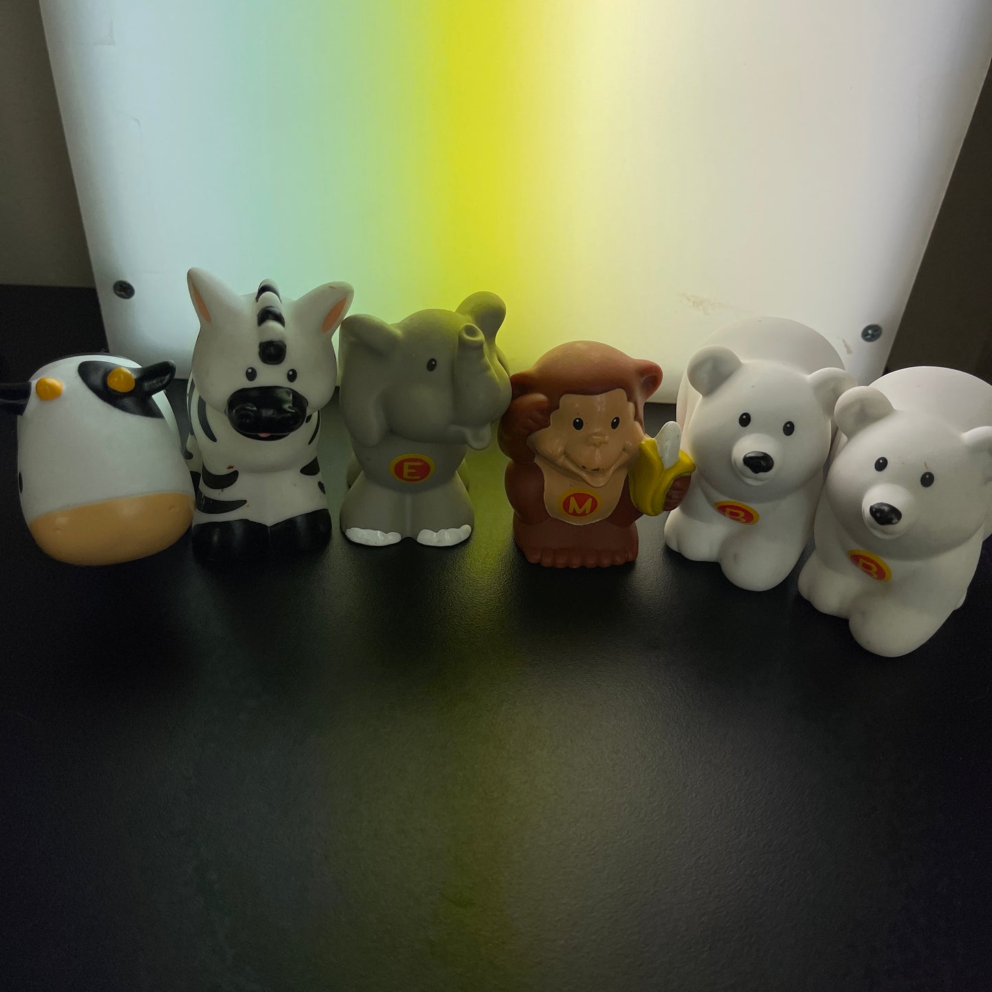 Fisher Price Little People Six Animals Alphabet Polar Bear x2, Cow, Elephant, Monkey, and Zebra Collectible Toys