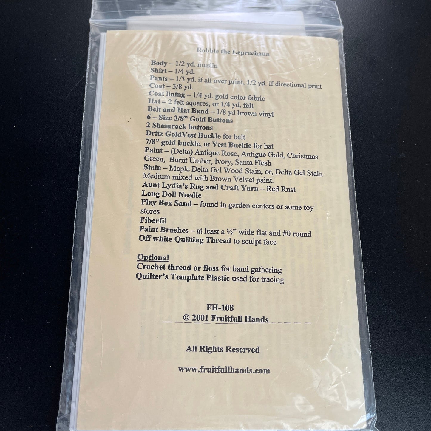 Fruitful Hands Robbie the Leprechaun Vintage 2001 Doll Pattern