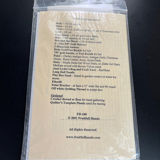 Fruitful Hands Robbie the Leprechaun Vintage 2001 Doll Pattern