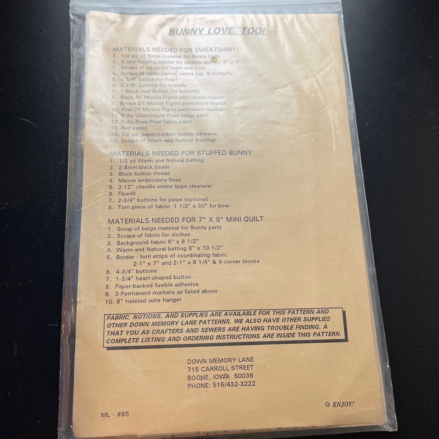 Down Memory Lane Bunny Love Too! ML#85 Bunny Trio Stuffed Animal Sewing Pattern