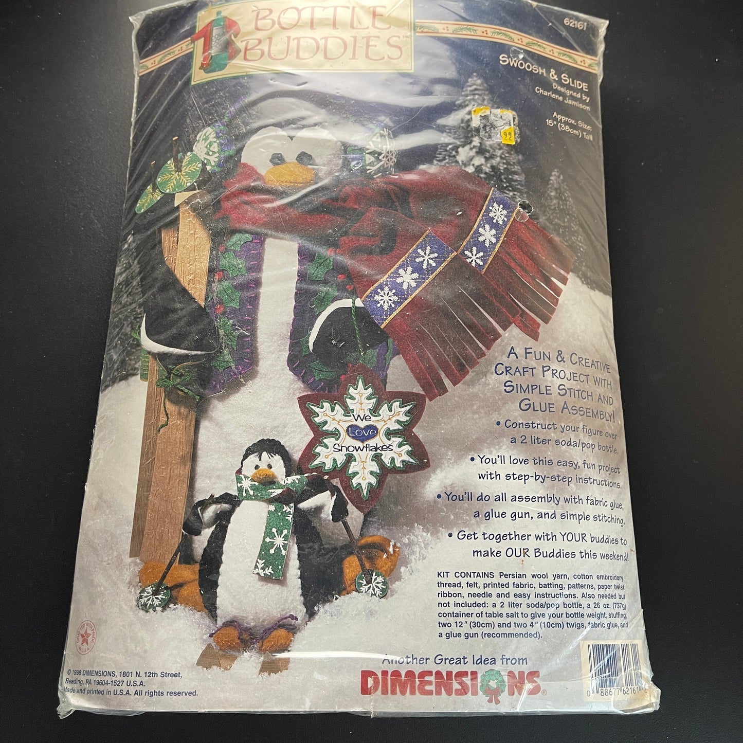 Dimensions Bottle Buddies Swoosh & Slide Penguin Dolls Vintage 1998 Felting Kit Approx. 15 inches tall