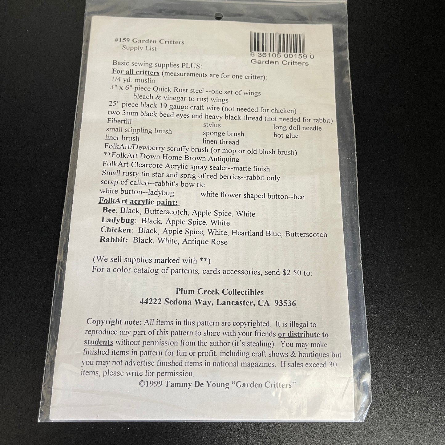 Plum Creek Collectibles Garden Critters #159 Vintage 1999 Sewing Pattern