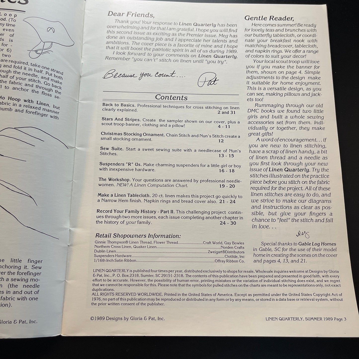 Linen Quarterly Designs by Gloria & Pat Summer 1989 and Fall 1989 issues chart magazines