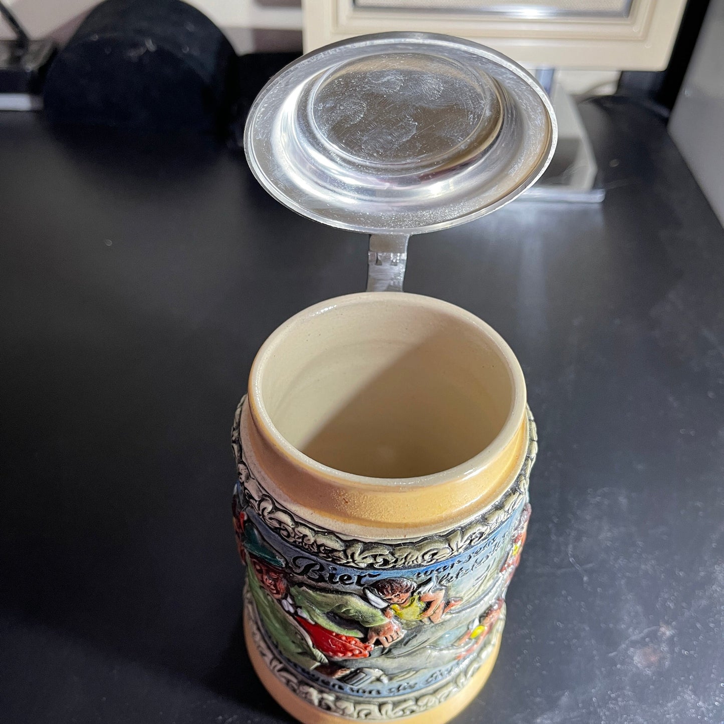 Gorgeous German Beer Stein with classic saying and picture in painted relief molded into stoneware mug with metal lid see description*