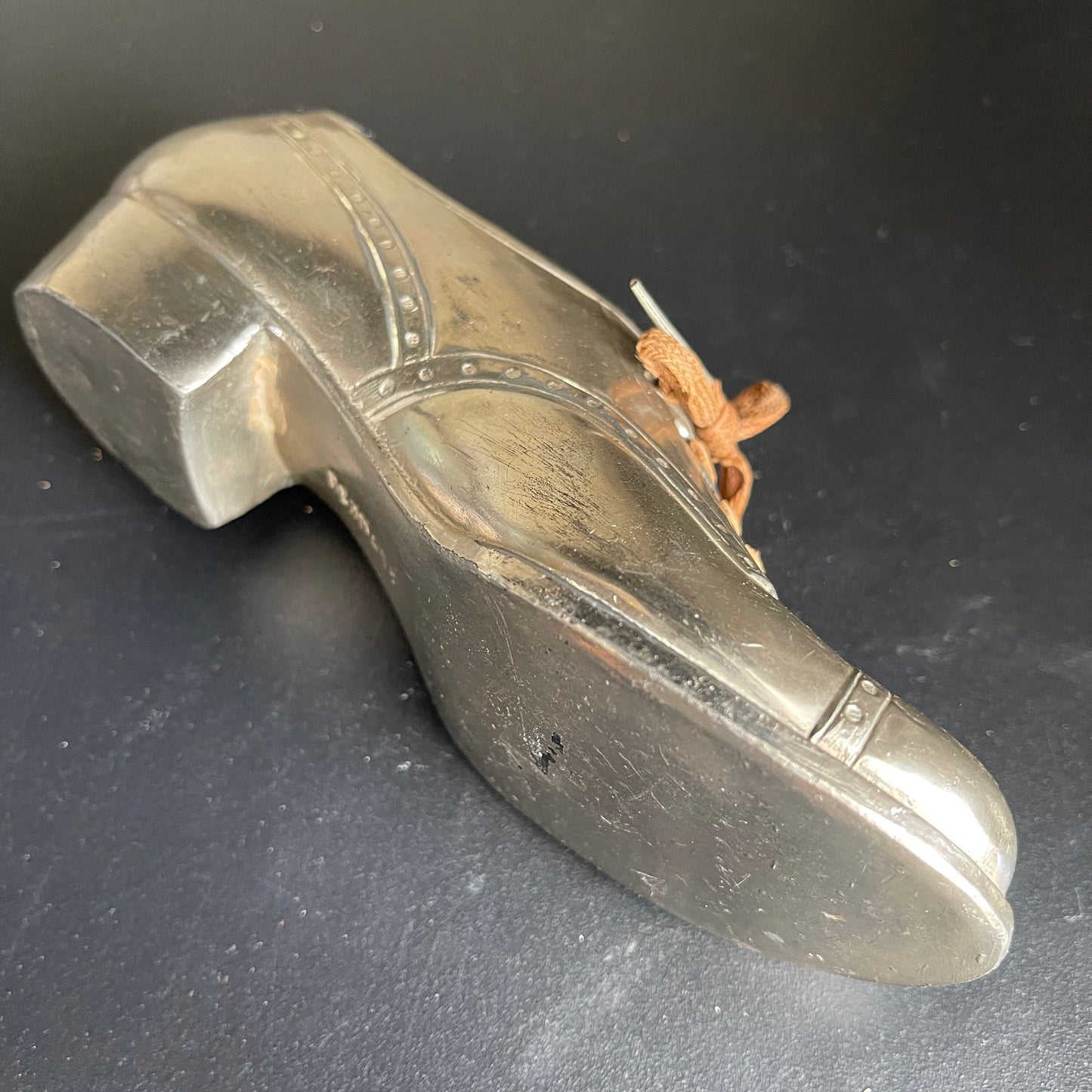 Germany Silver-tone metal wing tip dress shoe with real shoe strings ink well holder vintage collectible desk accessory*