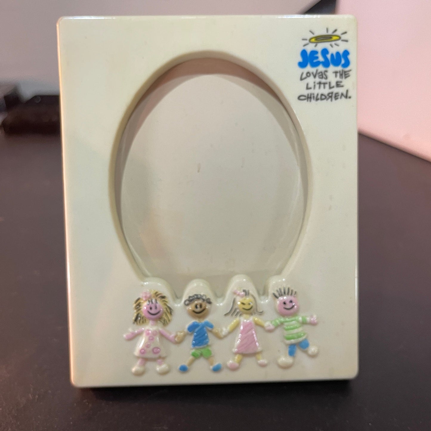 Jesus Loves the Little Children vintage frame with wind up music box