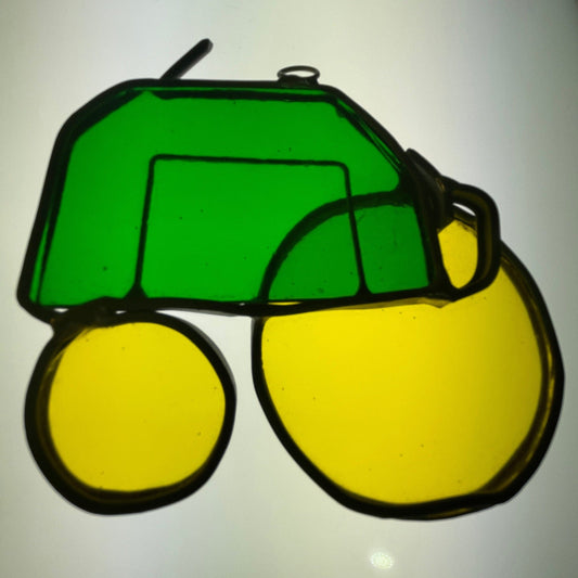 Tremendous tractor green and yellow stained glass vintage collectible ornament