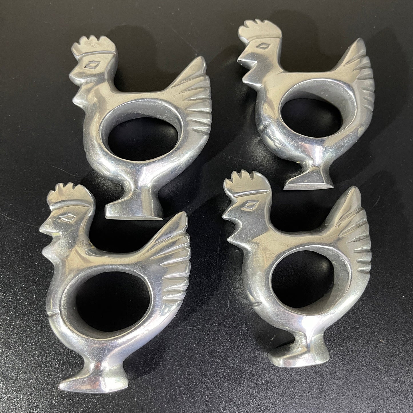 Rooster chrome metal napkin rings set of 4 vintage collectible serve ware