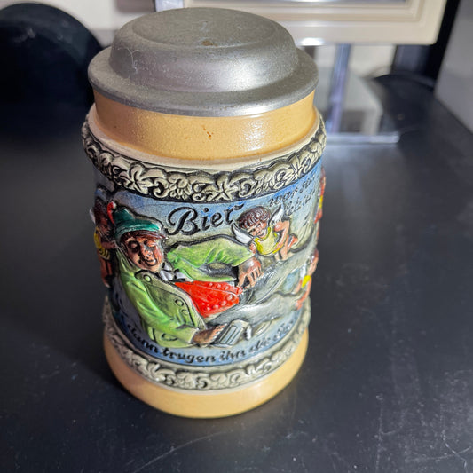Gorgeous German Beer Stein with classic saying and picture in painted relief molded into stoneware mug with metal lid see description*