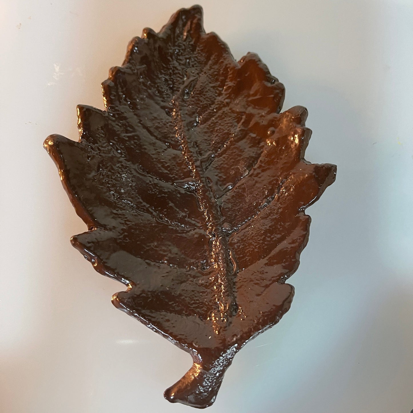 Bodacious brown glazed cast iron 3D leaf vintage collectible trinket dish