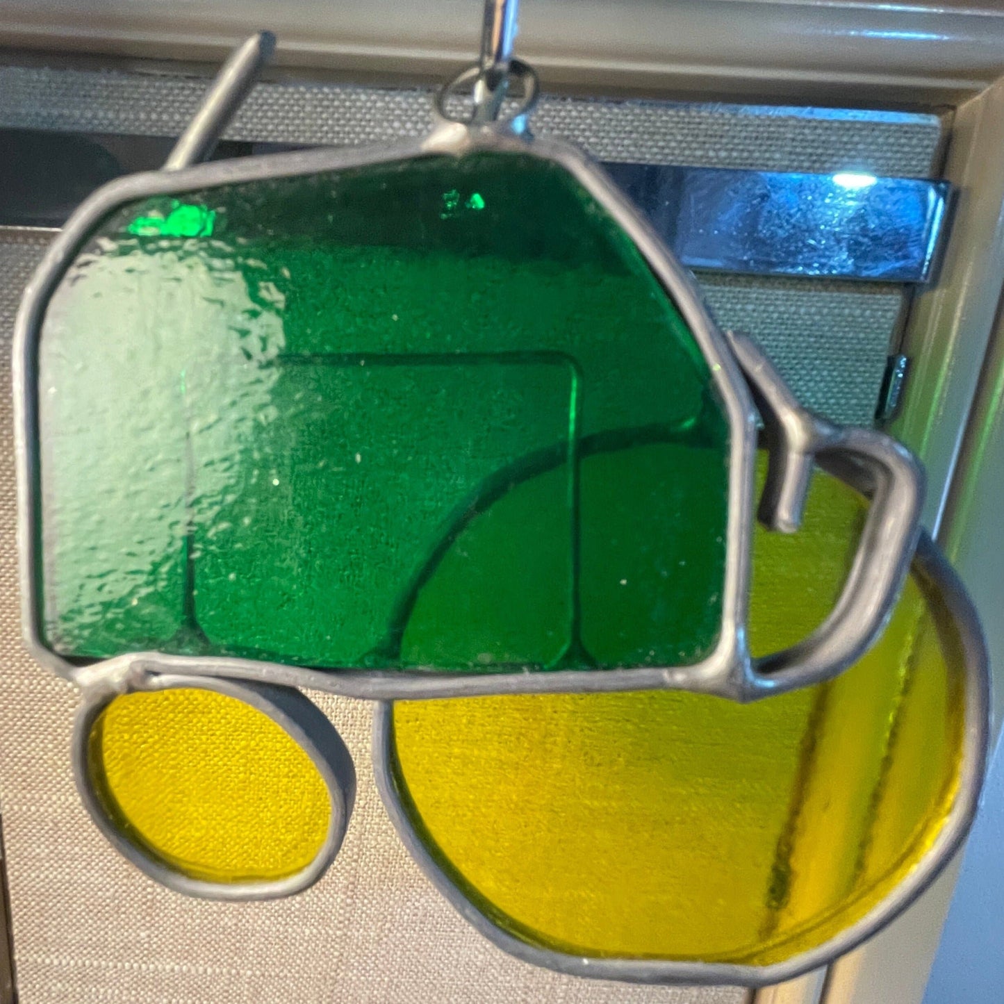 Tremendous tractor green and yellow stained glass vintage collectible ornament