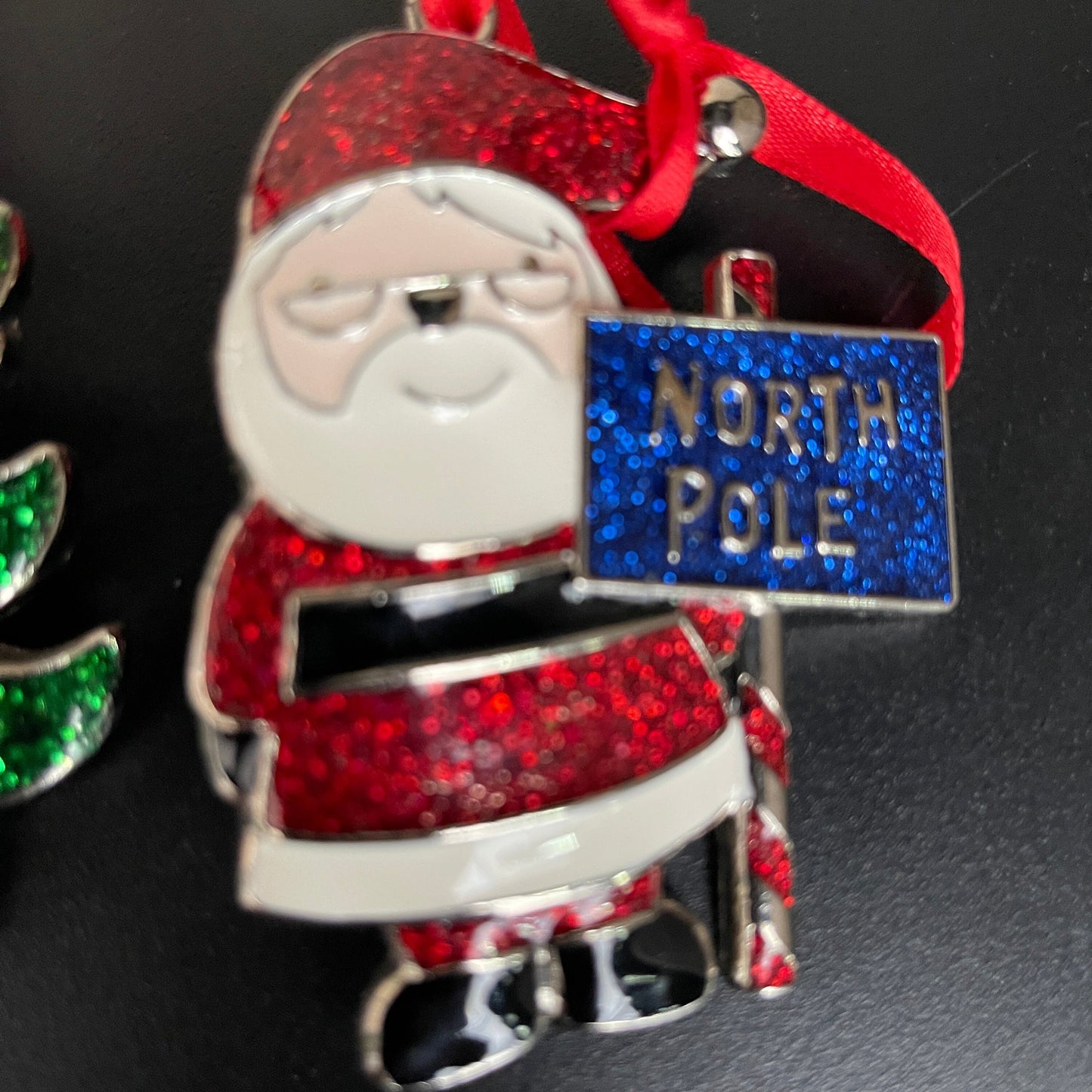 Christmas Tree and North Pole Santa Clause Set of 2 Sparkle-Metal 3 inch Christmas Ornaments