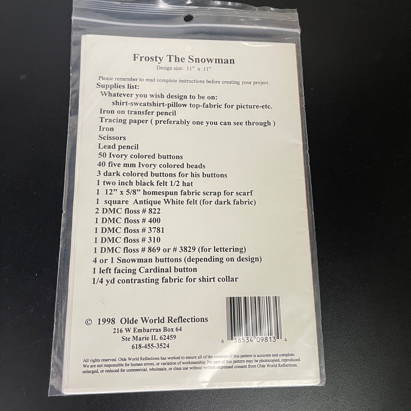 Olde World Reflections Frosty the Snowman#9813 vintage 1998 iron on pattern