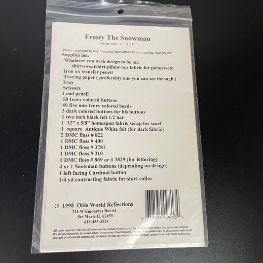 Olde World Reflections Frosty the Snowman#9813 vintage 1998 iron on pattern