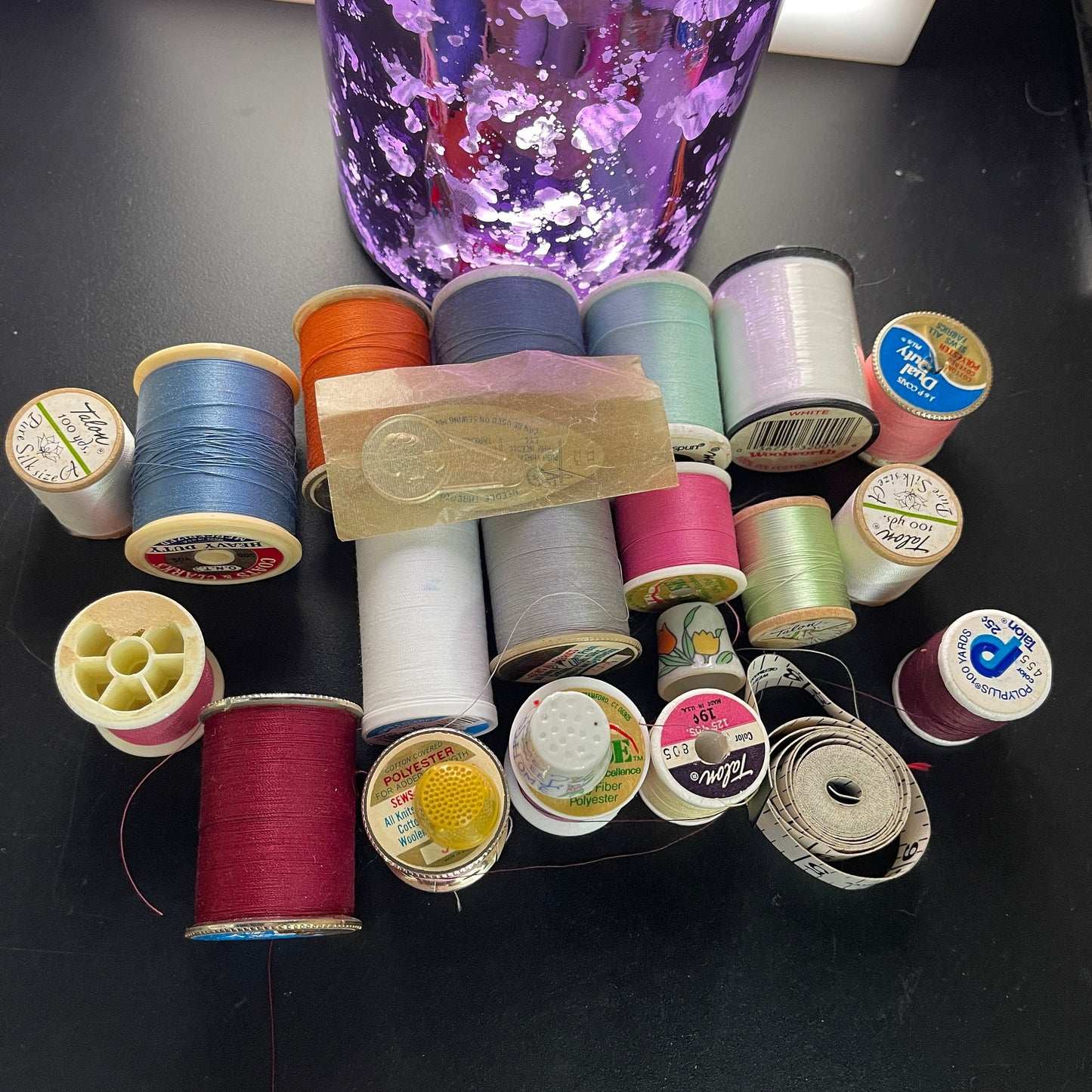 Precious purple shiny jar with silver heart full of spoils of thread & sewing notions*