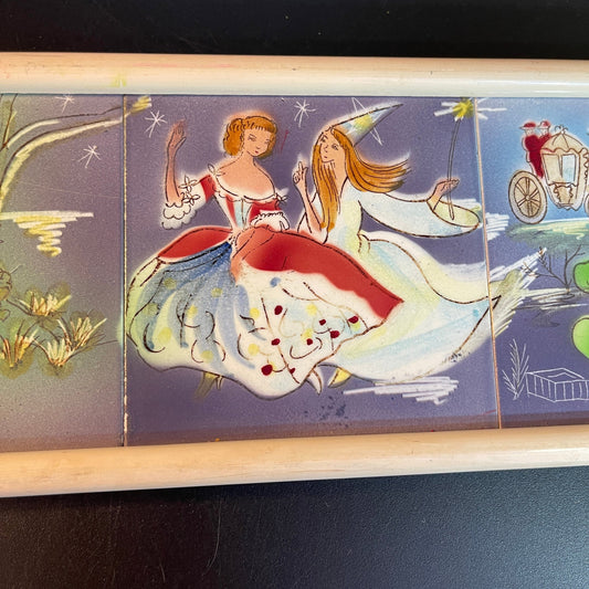 Charming Cinderella ready for the ball with fairy god mother and carriage 3 hand painted tiles in frame vintage collectible wall hanging