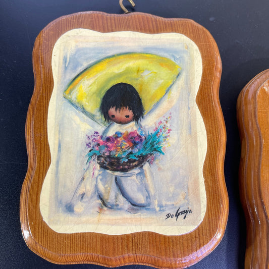 Ted DeGrazia A Little Prayer & Flower Boy set of 2 vintage wooden decoupage wall plaques