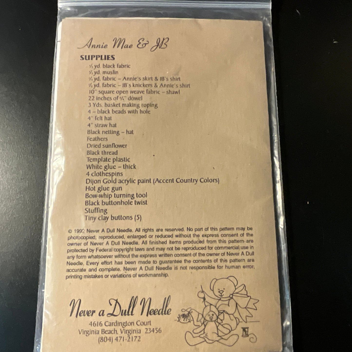 Never a Dull Needle Crows Annie Mae & JB 16 inch doll pattern