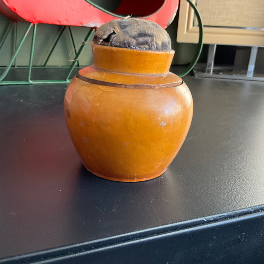 Wonderful wooden pincushion lidded round vintage needlecraft keepsakes box