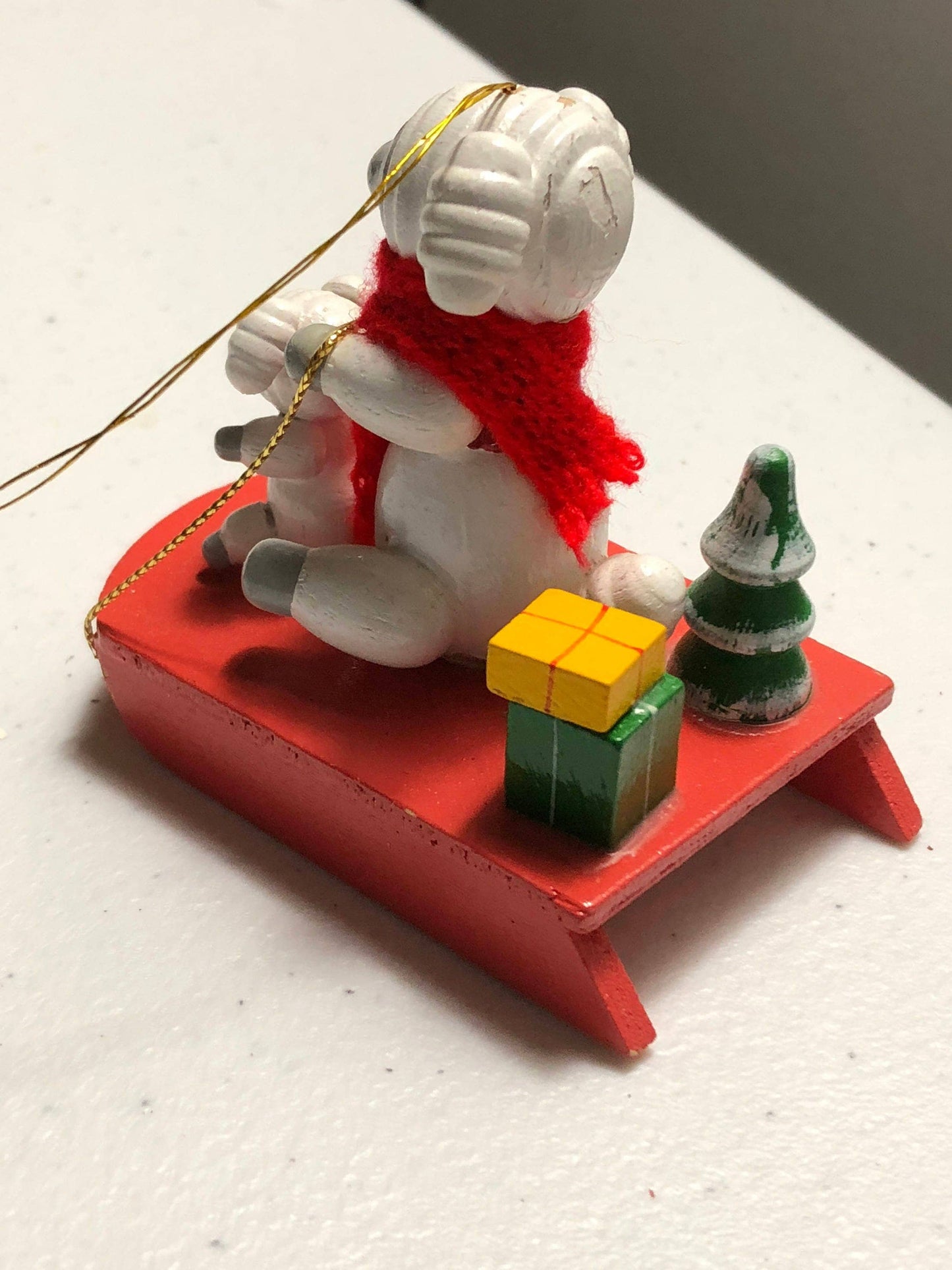 Wooden Mommy and Baby Sheep on a Sled with Christmas Packages Ornament Vintage Christmas Ornament