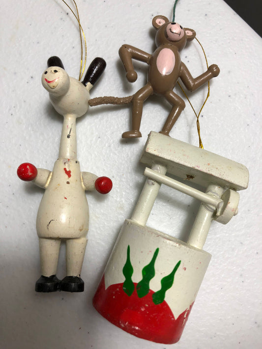 Wooden Ornaments Vintage Set of Three Monkey, Wishing Well, Horse