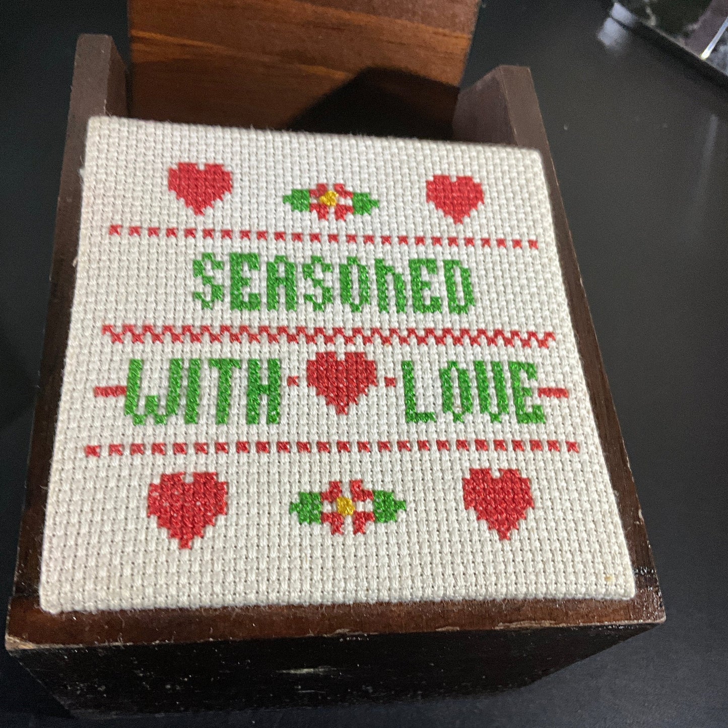 Wonderful Wooden Wall Box with Seasoned with Love Vintage Completed Cross Stitch Kitchen Collectible