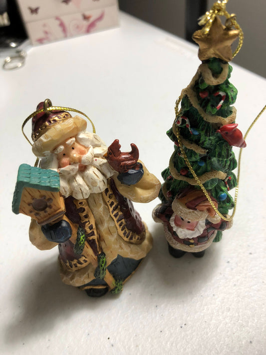 Resin Ornaments Vintage Set of Two Santa with Bird House, Santa with Christmas Tree